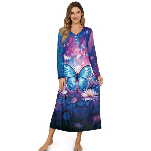 SEANATIVE Women's Nightdress Button Front Nightgown Long Sleeve Pajama Dress Soft Cozy Full-Length Night Gown Lounging Dress Nightwear Loose Housecoat, 3XL, Butterfly Daisy Galaxy