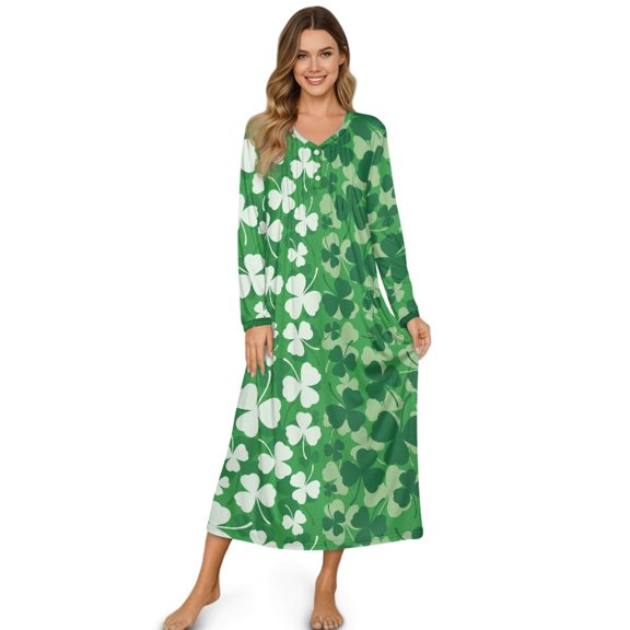 SEANATIVE Women's Nightdress Button Front Nightgown Long Sleeve Pajama Dress Soft Cozy Full-Length Night Gown Lounging Dress St. Patrick's Day Housecoat, S, Clover Leaf White Green