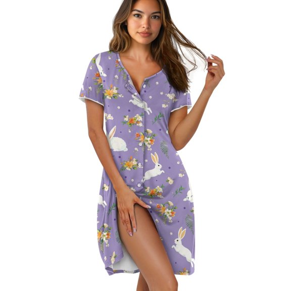 SEANATIVE Women's Nightgowns Short Sleeve Button Down Housecoat Soft Summer Above The Knee Pajama Dress Elegant Sleep Dress Sleepshirts for Women, S, Easter Bunny Rabbit Floral Pattern Violet