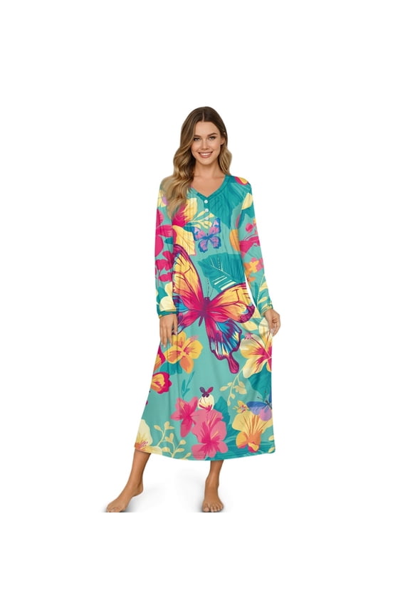 Women's Nightgowns Soft Button Front Sleep Shirt Long Sleeve Night Gown Fall Winter Pajama Dress Cozy Full-Length Nightwear for Home Bedroom, 2XL, Butterfly Floral Leaf