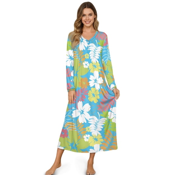 SEANATIVE Women's Nightgowns Soft Button Front Sleep Shirt Long Sleeve Night Gown Fall Winter Pajama Dress Cozy Full-Length Nightwear for Home Bedroom, 4XL, Flower Leaf Blue Green