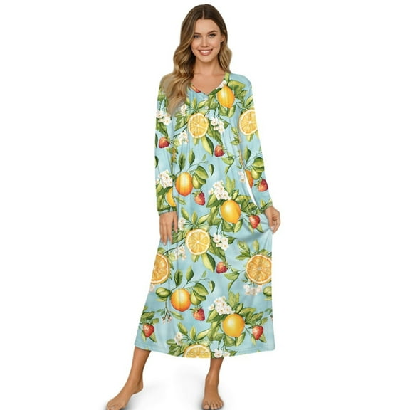 SEANATIVE Women's Nightshirt with Button Front Cozy Long Sleeve Pajama Dress Full-Length Pjs Nightgown House Coat for Lounge Sleep Home, L, Lemon Flower Strawberry