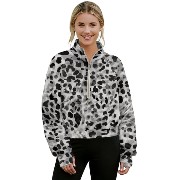 SEANATIVE Women's Oversized Sweatshirts Trendy Half Zipper Long Sleeve Tops Mock Neck Fall Pullover Shirts Thumbhole Sweater Hoodie with Kangaroo Pocket, L, Gray Leopard Print Gray Black