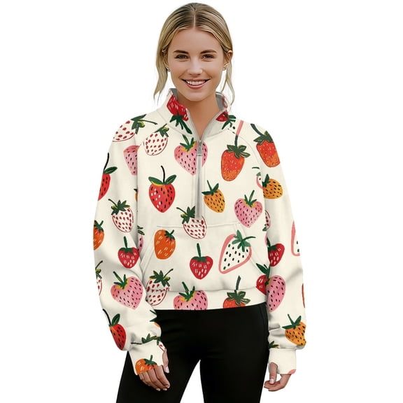 SEANATIVE Women's Oversized Sweatshirts Trendy Half Zipper Long Sleeve Tops Mock Neck Fall Pullover Shirts Thumbhole Sweater Hoodie with Kangaroo Pocket, XS, Strawberry Cream White