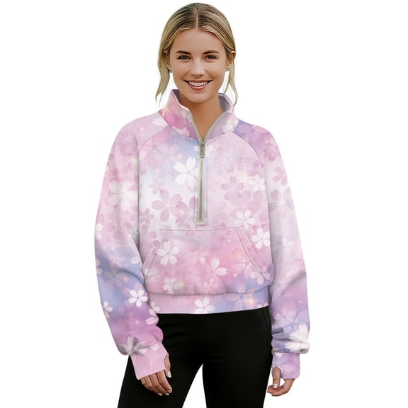SEANATIVE Women's Oversized Sweatshirts Trendy Half Zipper Long Sleeve Tops Mock Neck Fall Pullover Shirts Thumbhole Sweater Hoodie with Kangaroo Pocket, XS, Cherry Blossom Pink Violet