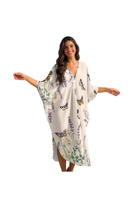 Women's Plus Size Kaftan Dress V-neck Beach Cover Up Dresses One-piece Bathingsuit Coverups Printed Caftan Dress Kaftan Swim Coverup for Swimwear, Butterfly Daisy Floral Beige