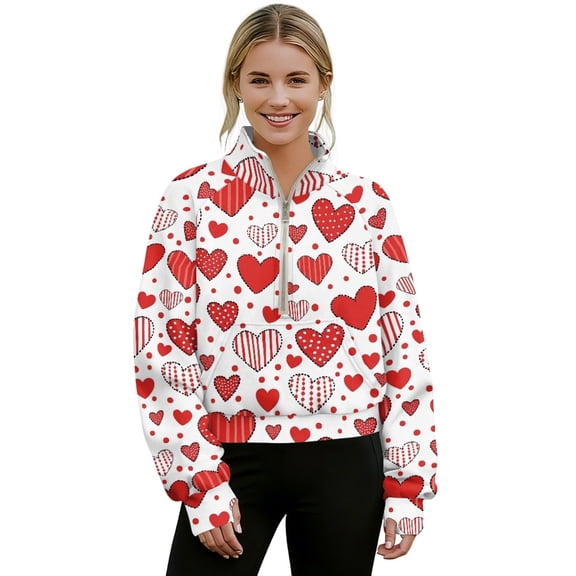 SEANATIVE Women's Quarter Zip Pullover Top Oversized Cropped Sweatshirt Loose Thumbhole Long Sleeve Pullover for Valentine's Day Streetwear, XS, Cute Heart-shaped Pattern Red White