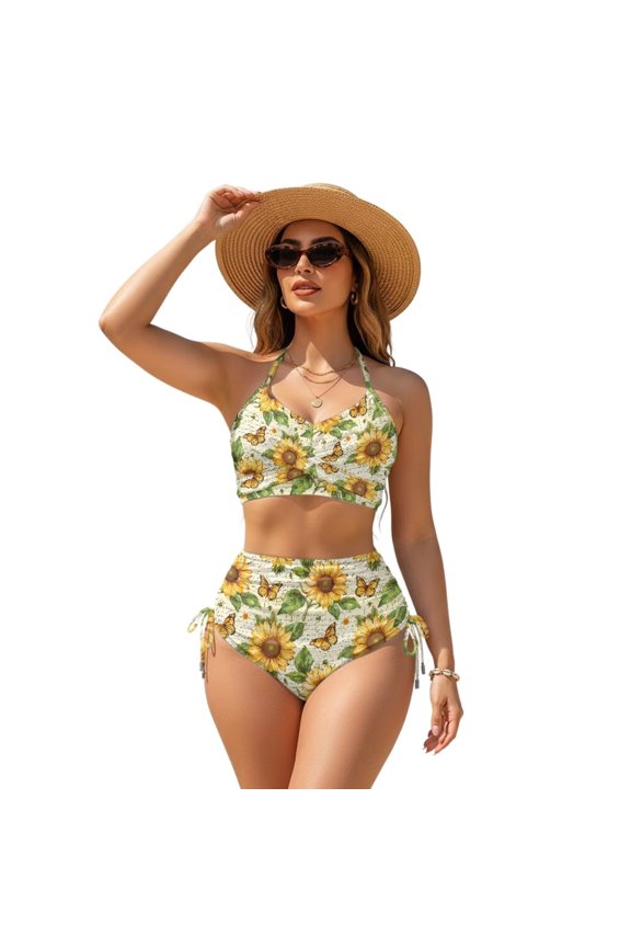 Women's Ruched Bikini Sets Cross Back Bikini Set Two Piece Swimsuit Push Up Top Cheeky Side Tie Design Bottom Bathing Suit for Summer Beach, 3XL, Retro Sunflower Butterfly