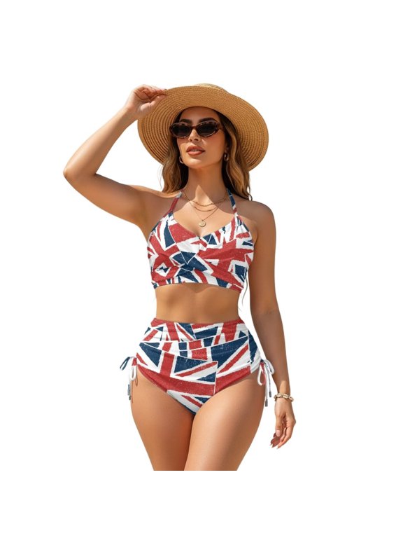 Women's Ruched Bikini Sets Cross Back Bikini Set Two Piece Swimsuit Push Up Top Cheeky Side Tie Design Bottom Bathing Suit for Summer Beach, 3XL, Union Jack British Flag