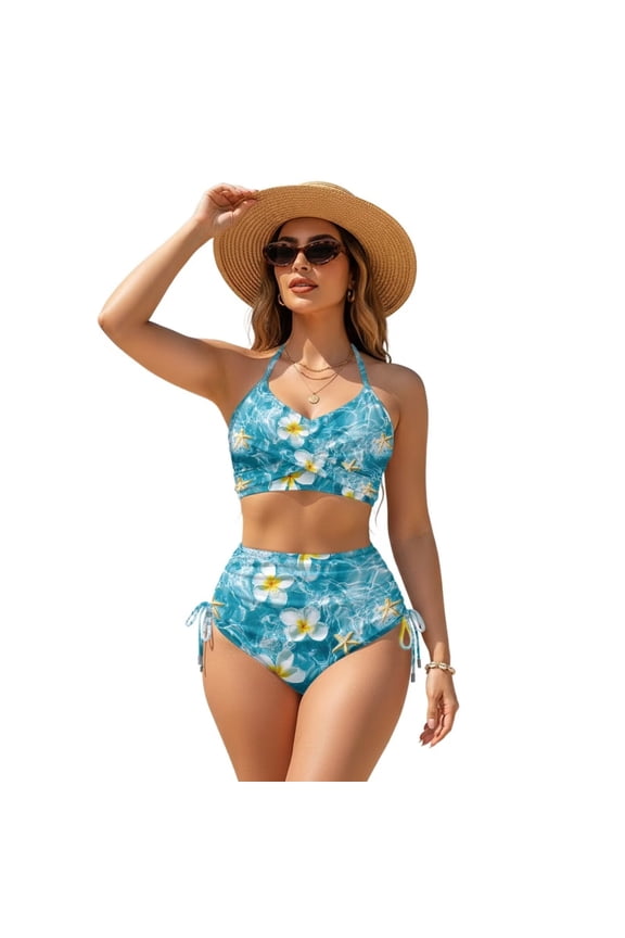 Women's Ruched Bikini Sets Cross Back Bikini Set Two Piece Swimsuit Push Up Top Cheeky Side Tie Design Bottom Bathing Suit for Summer Beach, L, Frangipani Flower Starfish Blue