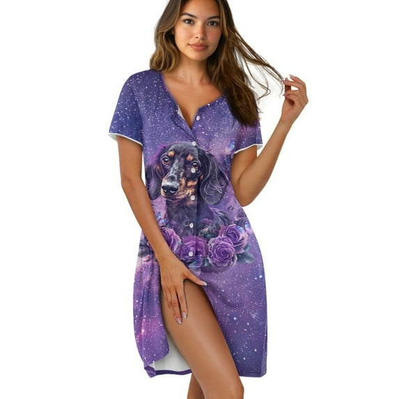 SEANATIVE Women's Short Sleeve Nightgown Nightdress Button Down Nightgown Chic Housewear Sleep Wear Summer House Robe Lightweight Housewear Sleepshirts, L, Dachshund Dog Rose Galaxy Violet