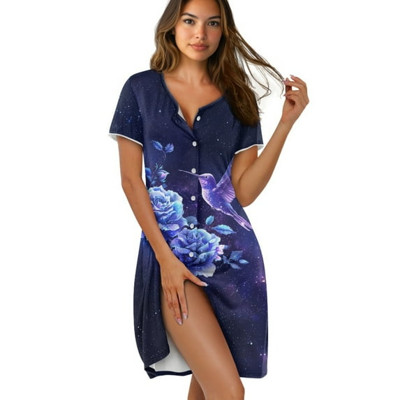 SEANATIVE Women's Short Sleeve Nightgown Soft Sleepshirts Cozy Sleep Dress Button Down Pajama Dress Housedress Lounge Dress Relaxed Fit Nightshirts, XL, Hummingbird Rose Flower Violet Blue