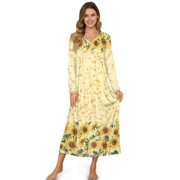 SEANATIVE Women's Sleepshirts Long Sleeve Cozy Button Front Nightshirt Long Length Pajama Dress Night Gown for Sleep Bedtime Home Relaxation, M, Sunflower Yellow
