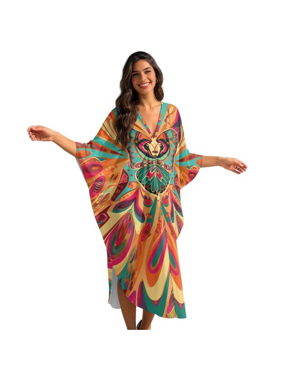 Womens Kaftan Caftan Maxi Dress Beach Cover Up Swimsuit Coverup Plus Size Kaftan Lightweight Loungewear Nightdress Flowey Summer Beach Swim Outfit, Bohemian Ethnic Print Butterfly