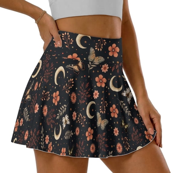 SEANATIVE Womens Mini Skort Tennis Skirt with Pockets Athletic Skort Built-in Shorts Soft Comfortable Stylish Pleated Active Skirts for Golf Pickleball Workout Running, L, Flower Moon Black