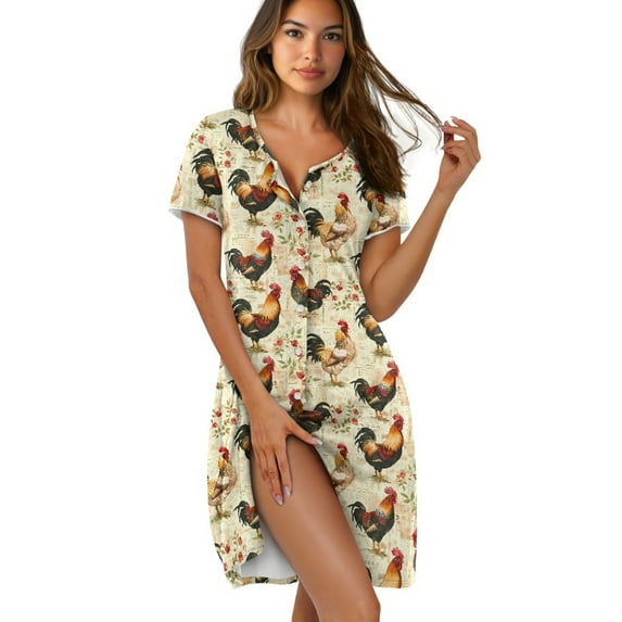 SEANATIVE Womens Short Sleeve Nightgown Soft Sleep Dress Button Down Pajama Dress Elegant Housewear Lightweight Loungewear Trendy Lounging Dress for Summer, XL, Flower Chicken Rooster Print