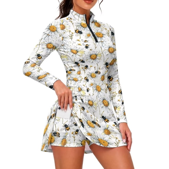SEANATIVE Womens Tennis Golf Dress with 2 Pockets Long Sleeve Zip Up Mini Dresses Soft Athletic Dress with Separate Shorts for Golf Workout Sports, S, Daisy Bee Print White