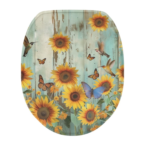 SEANATIVE Wood Sunflower Toilet Seat Cover Butterfly Elongated Toilet Lid Covers Soft Bathroom Decorations Washable Toilet Lid Seat Cover Protector, 17.3*13 Inches