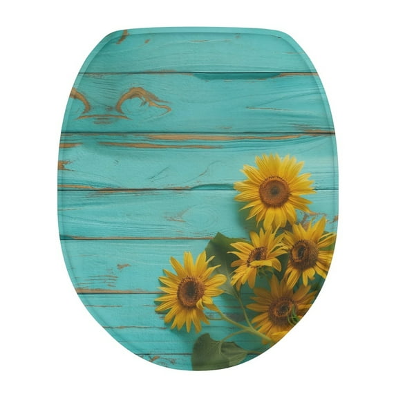 SEANATIVE Wooden Sunflower Toilet Seat Cover Elongated for Bathroom Washable Soft Toilet Lid Cover with Elastic Band Universal for Most Standard Oval Oblong Toilet Lids