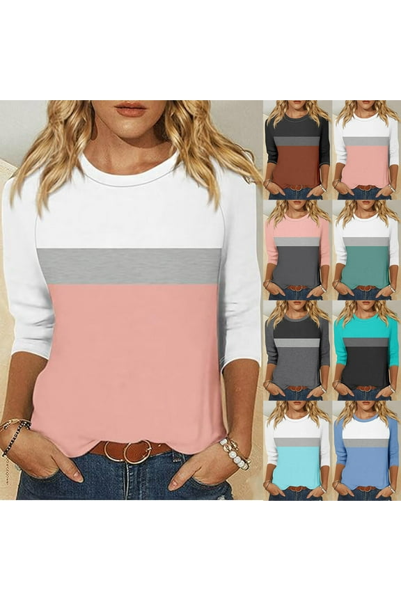 3/4 Length Sleeve Womens T Shirts Plus Size Tops for Ladies Color Block 2025 Spring Summer Casaul Round Neck Tees Shirts Blouses White,S