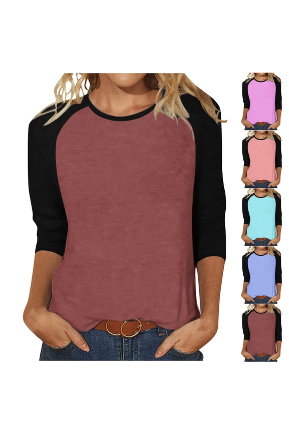 3/4 Length Sleeve Womens T Shirts Raglan Sleeve Baseball Tees Comfort Crewneck Casual T-Shirts Purple,XXL