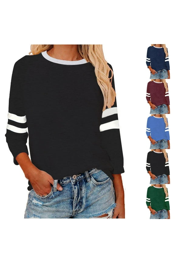 3/4 Length Sleeve Womens Tops Plus Size Raglan Sleeve Baseball Tees Trendy Colorblock Dressy Casual Crew Neck T Shirts Black,L