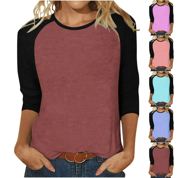 SEAOPEN 3/4 Length Sleeve Womens Tops Raglan Sleeve Baseball Tees Dressy Casual Crew Neck T Shirts Blue,L