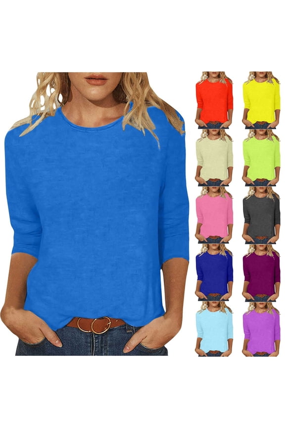 3/4 Sleeve Tops for Women Plus Size Black Blouses for Women Dressy Casual Three Quarter Length Tunic Tops Round Neck Loose Fit Pullover Baseball Tees Pink,XXXL