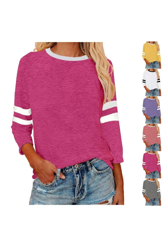 3/4 Sleeve Tops for Women Plus Size Color Block Tshirts Raglan Sleeve Baseball Tees Loose Fit Tunic Blouses Dressy Casual Crew Neck T Shirts Hot Pink,XL