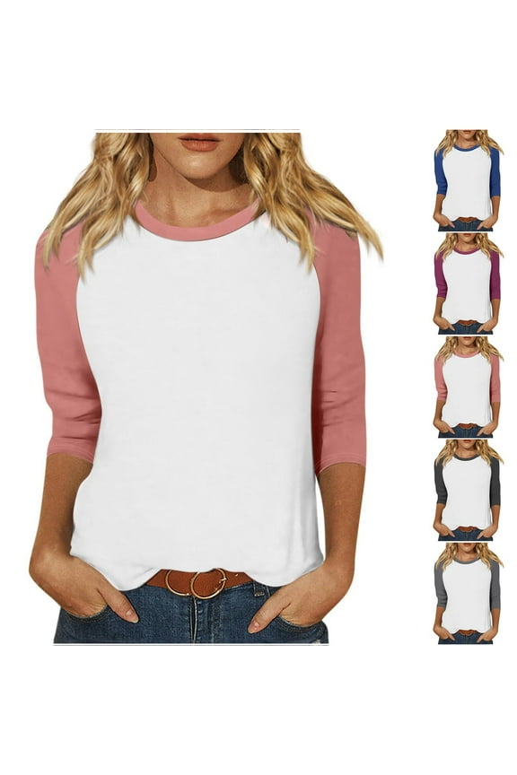 3/4 Sleeve Tops for Women Plus Size Color Block Tshirts Raglan Sleeve Baseball Tees Loose Fit Tunic Blouses Dressy Casual Crew Neck T Shirts Blue,XXL