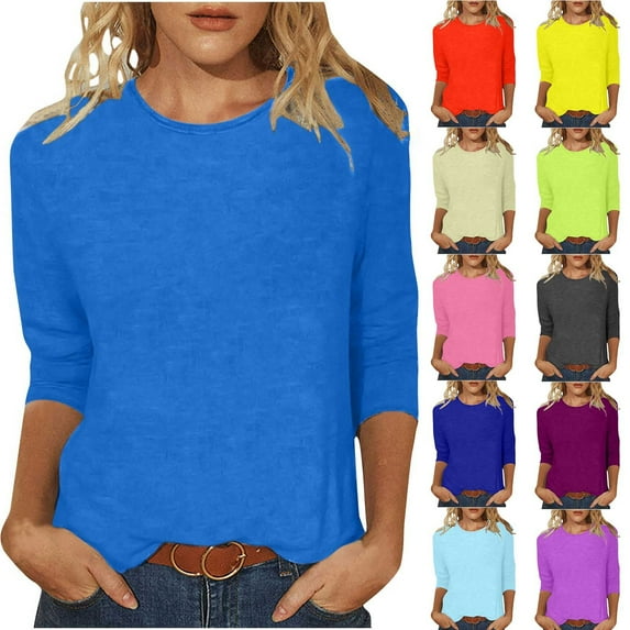 SEAOPEN 2025 Clearance Deals Womens Tops 3/4 Sleeve Plus Size T Shirts Round Neck Loose Casual Blouses Solid Color Tshirts Women's Clothing Deals 2024 Hot Pink,XXXL