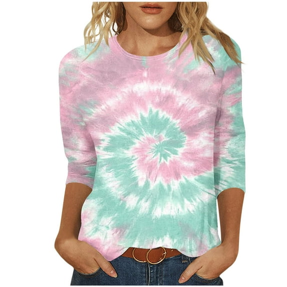 SEAOPEN 3/4 Sleeve Tops for Curvy Women M Mint Green Womens Graphic Tees Trendy Tie Dye Print Tshirts (Women's S-2XL)