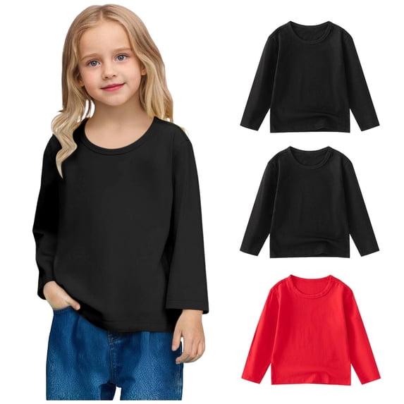 SEAOPEN 3 Pack Toddler Kids Boys Girls Shirts Fashion Solid Color Round Neck Long Sleeve Top Black,4 Years
