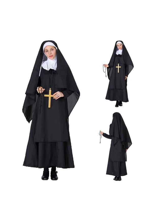 4 Pcs Halloween Nun Robe for Women With Scary Headscarf Necklace Priest Cosplay Adult Traditional Nun Costumes Black,M
