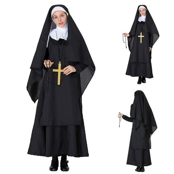 SEAOPEN 4 Pcs Halloween Nun Robe for Women With Scary Headscarf Necklace Priest Cosplay Adult Traditional Nun Costumes Black,S