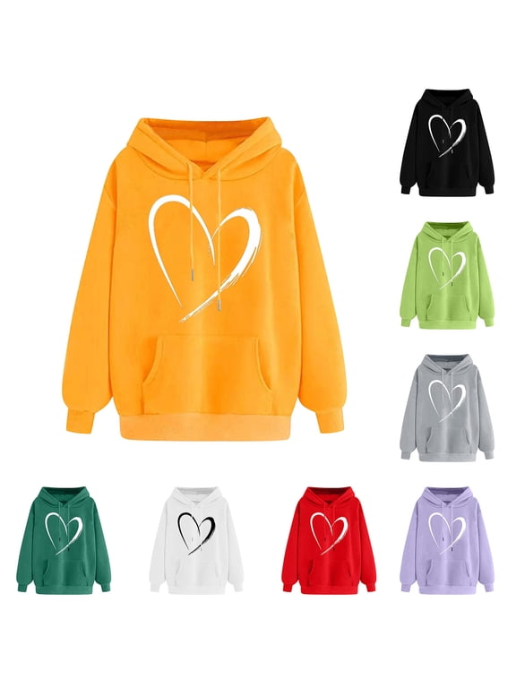 Annual Event Women Plus Size Heart Print Hooded Drawstring Hoodies Pullover Sweatshirts Casual Long Sleeve Tops Valentine's Day Blouse with Pockets Gray,S