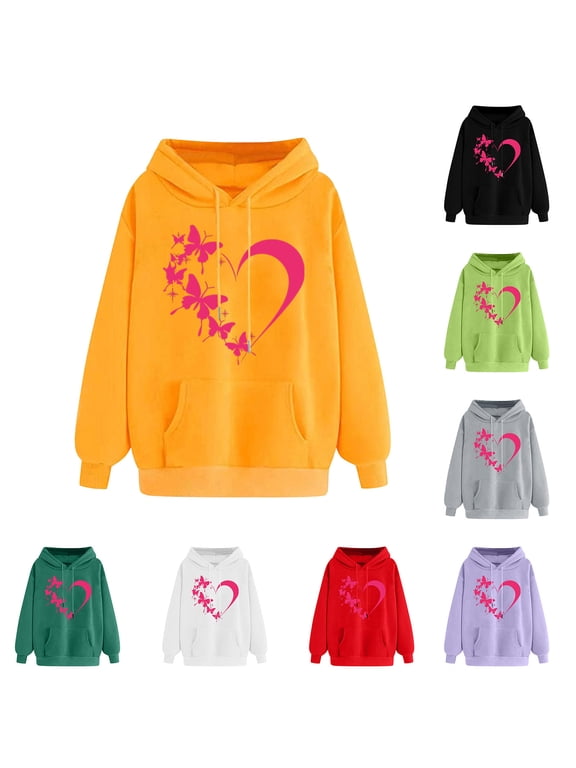 Annual Event Young Adult Heart Print Hoodies Teen Girls Graphic Sweatshirts with Pocket 2025 Fall Drawstring Hoodie Tops Lightweight Sweatshirt Black,S