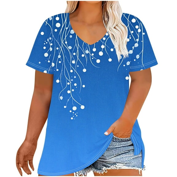 SEAOPEN Blue Plus Size Graphic Tees Womens Tops Summer V Neck Tshirts for Women Loose Fit Tunic Womens Clothing X-Large (Women's Plus XL-5XL )