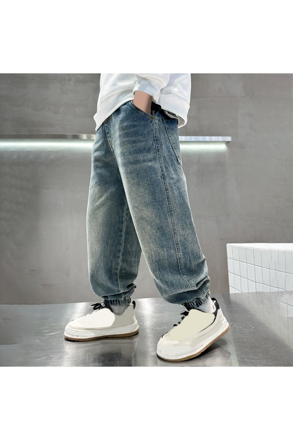 Boy's Baggy Jeans Elastic Waist Pull On Denim Pants Classic Straight Wide Leg Jeans for Kids Blue 7 Years