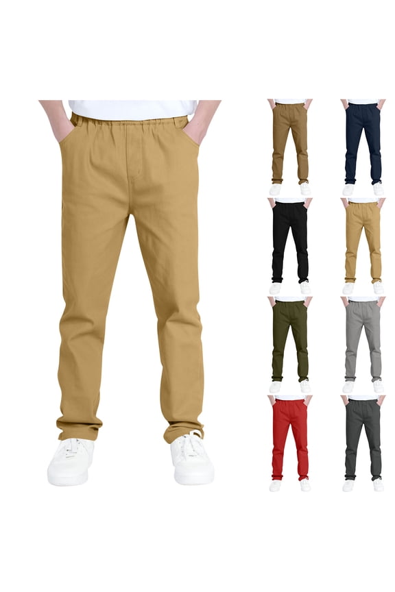Boys School Uniform Chino Pants Kids Elastic Waist Pull on Twill Pants with Pockets Black 8 Years
