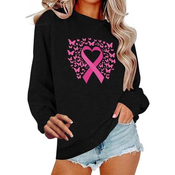 SEAOPEN Breast Cancer Sweatshirt for Women Pink Ribbon Pullover Breast Cancer Awareness Top Black L