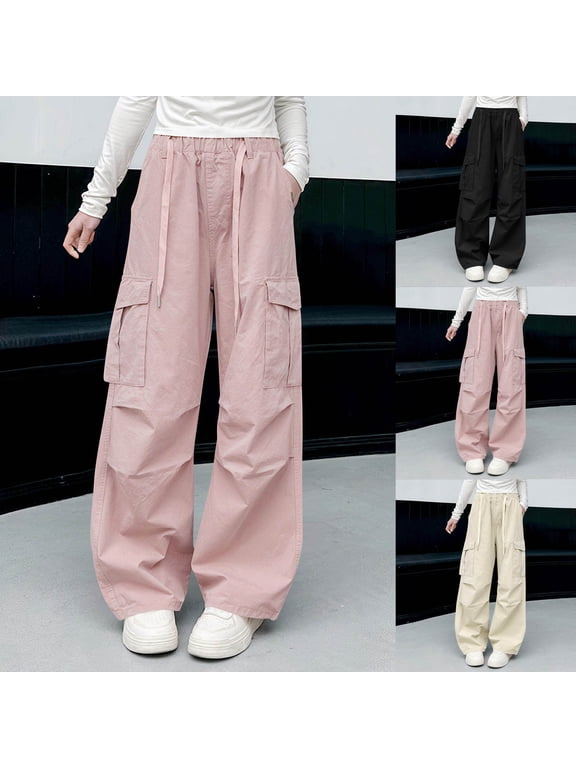 Cargo Pants for Girls Parachute Baggy Joggers Elastic Waist Wide Leg Hip Hop Dance Outfits Pink 13 Years