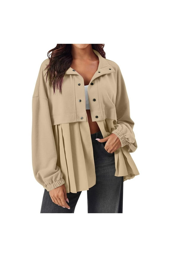 Clearance 2024 Womens Casual Shacket Patchwork Pleated Shirt Jacket Coat Snap Loose Fit Button Swing Shirts S-XXL