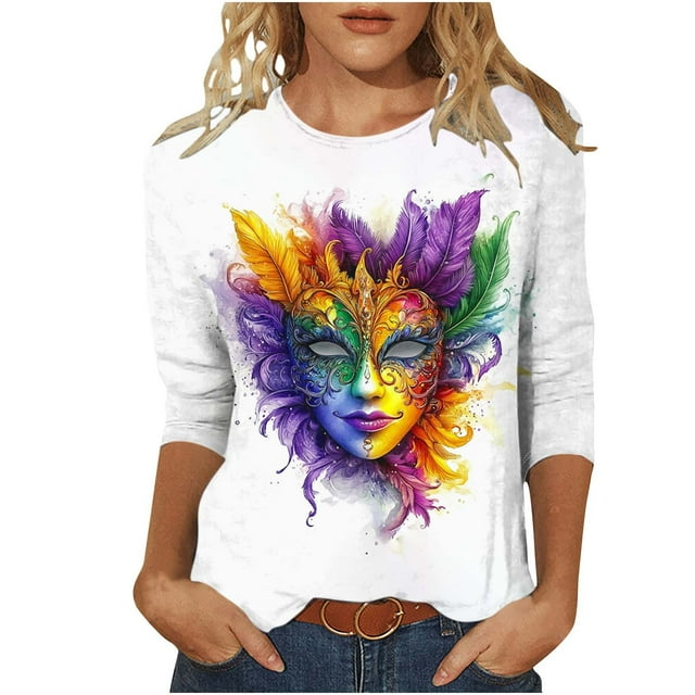 SEAOPEN Clearance 2025 Carnival Mardi Gras Shirts for Women 3/4 Sleeve Tops Novelty Mask Graphic