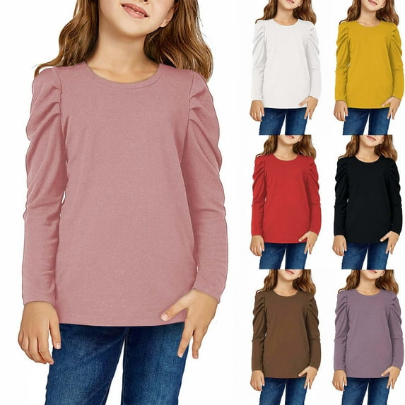 SEAOPEN Clearance Deals 2025 Girls Shirts Puff Long Sleeve Shirts Casual Crewneck Tops Tunic Blouse Red,3-4t