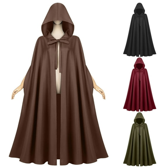 SEAOPEN Cloak with Hood Women Renaissance Hooded Medieval Cloak Witch Robe Halloween Costume Open Front Witch Wizard Cape Red,Free Size
