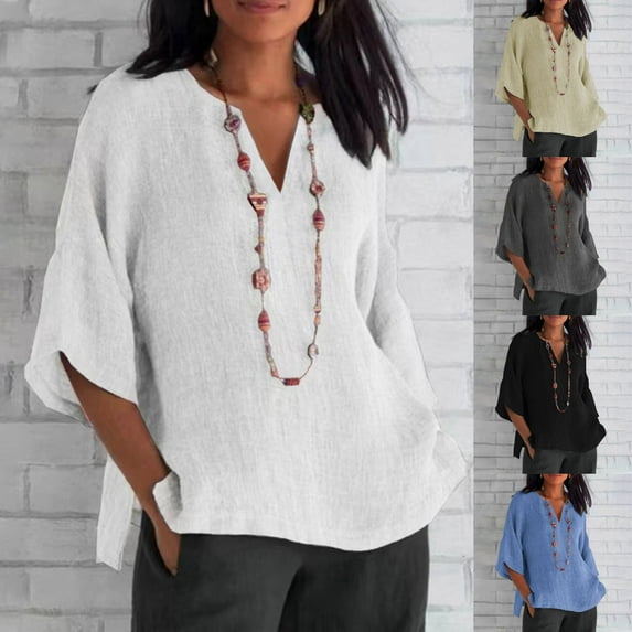 SEAOPEN Cotton Gauze Tops for Women 3/4 Sleeve Summer Tops Sale V Neck Blouse Solid Color Tunics Loose Fit Clothing 2025 Sky Blue,S