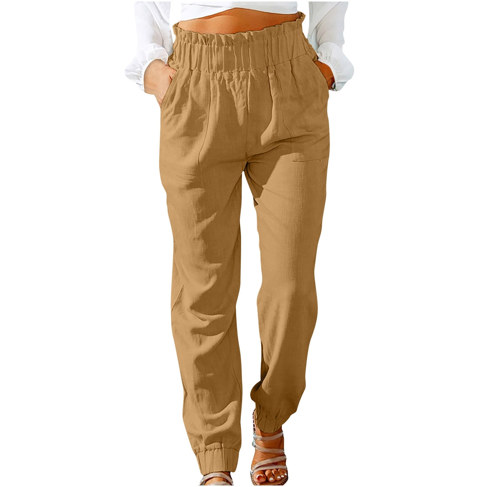 SEAOPEN Cotton Linen Joggers for Women Stretchy Work Drawstring Elastic Waist Petite Pants Casual Trousers with Pockets Womens Cotton Linen Wide Leg Lounge Pants Yellow M Walmart