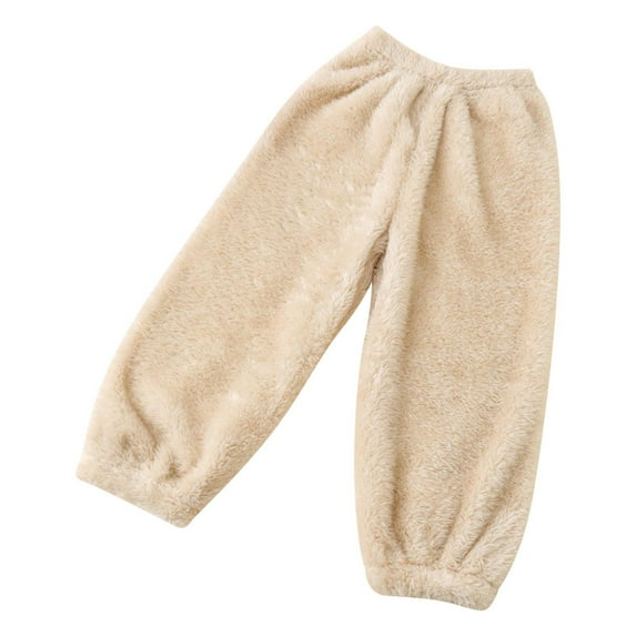 SEAOPEN 2-14Years Children's Solid Color Low Waist Warm and Coral Fleece Home Sleeping Pants Long Pants Beige,100