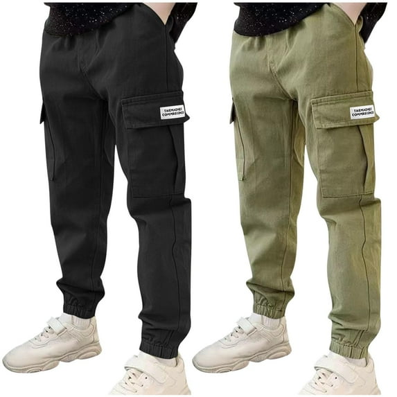 SEAOPEN 2 Pack Boys Cargo Pants Cotton Casual Pants Elastic Waist Hiking School Uniform Sweatpants Joggers Sale Dark Gray,12 Years